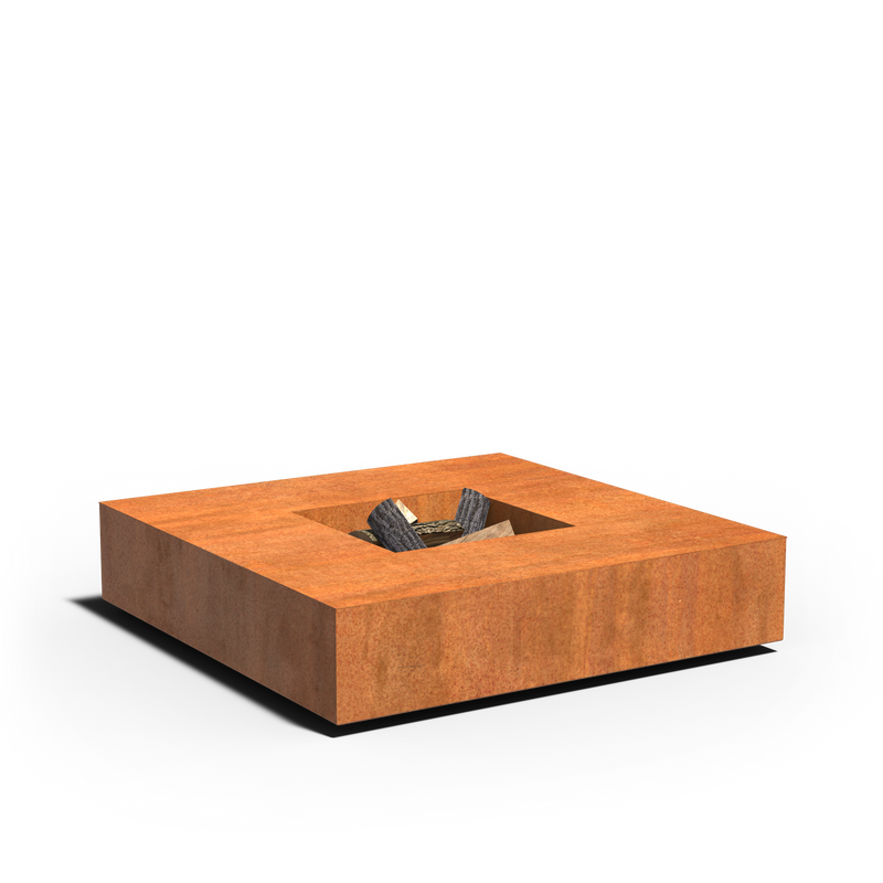 QUAD Feuertisch Holzfeuer aus Cortenstahl 120×120×28 cm