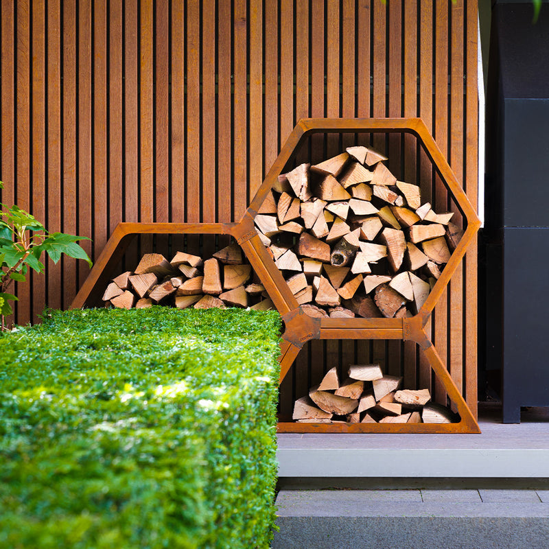 Cortenstahl modulares Holzlager HEX | 91,5 × 40 × 40 cm