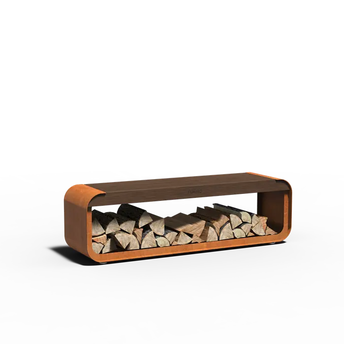 SERRA Seat – Cortenstahl Holzlager mit Sitzfläche | 100 × 40 × 180 cm