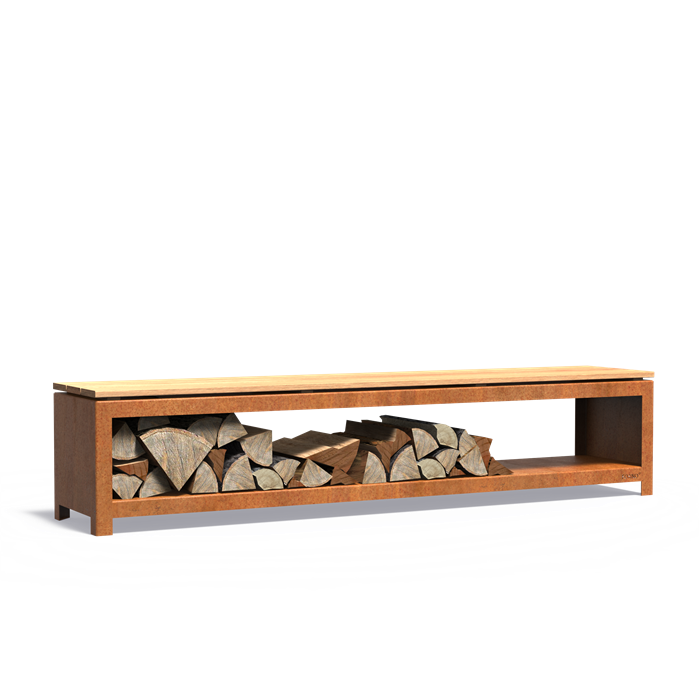 LOGG Holzlager mit Sitzfläche aus Cortenstahl | 200 x 40 x 43 cm
