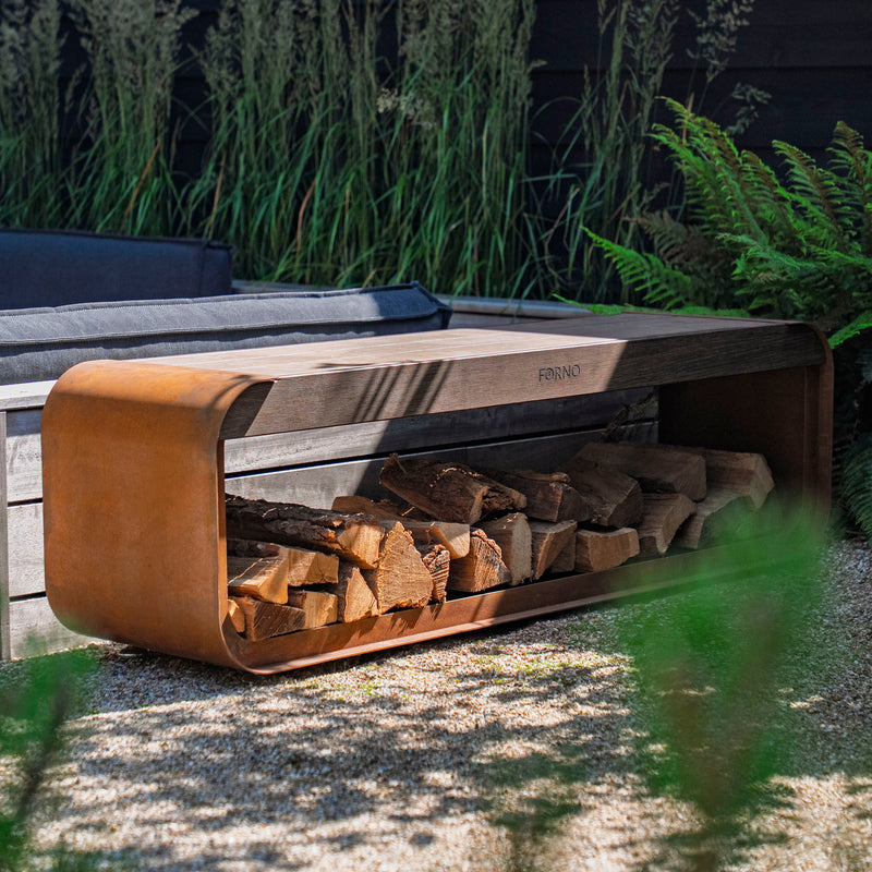 SERRA – Cortenstahl Holzlager mit Sitzfläche | 100 × 40 × 180 cm