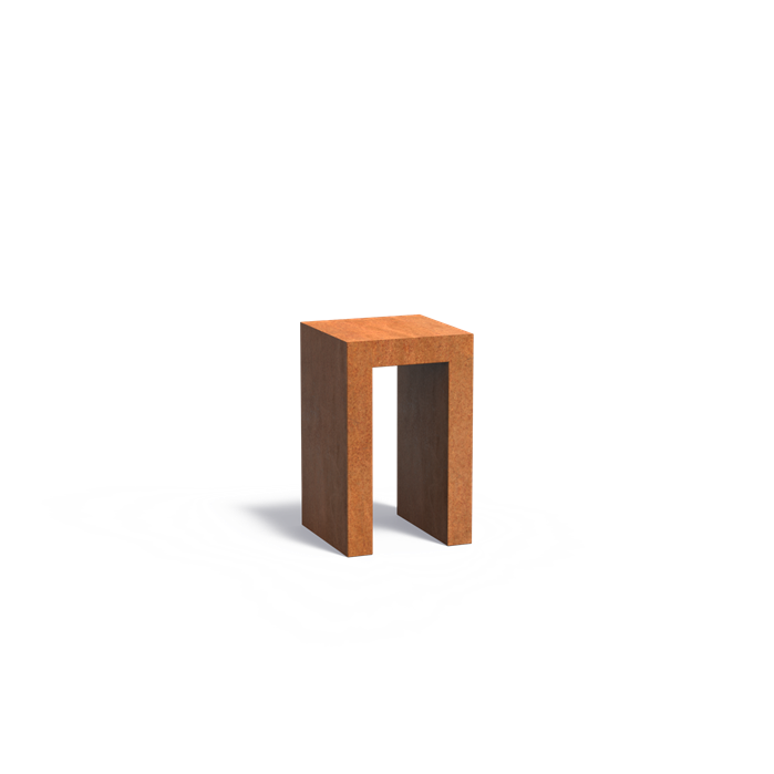Cortenstahl-U-Sockel mit Holzlager 50 x 50 x 80 cm
