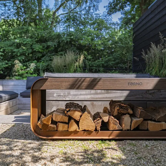 SERRA Seat – Cortenstahl Holzlager mit Sitzfläche | 100 × 40 × 180 cm