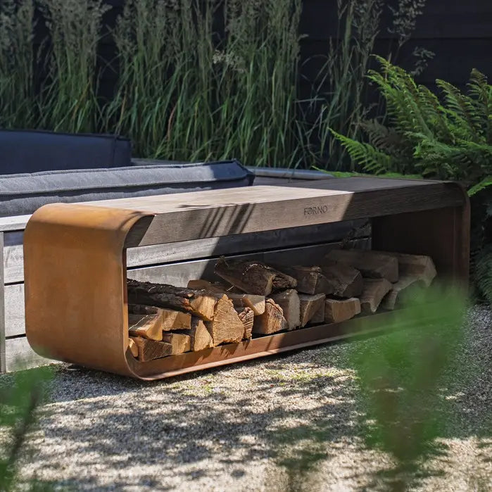 SERRA Seat – Cortenstahl Holzlager mit Sitzfläche | 100 × 40 × 180 cm