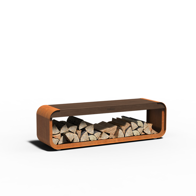 SERRA – Cortenstahl Holzlager mit Sitzfläche | 100 × 40 × 180 cm