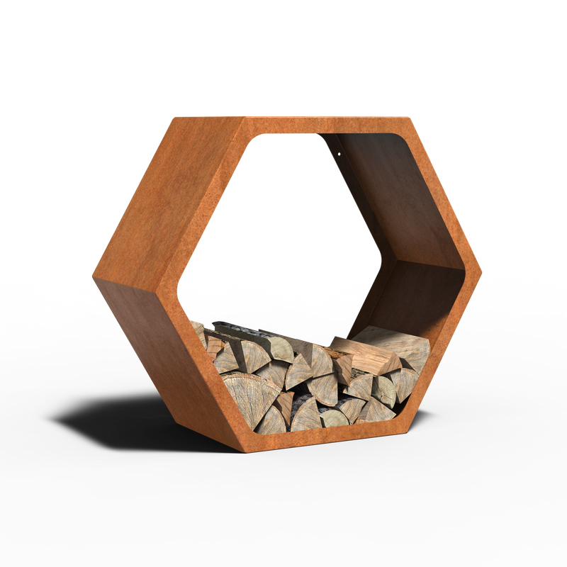 Cortenstahl Holzlager HEX – modulares System | 91,5 × 40 × 80 cm