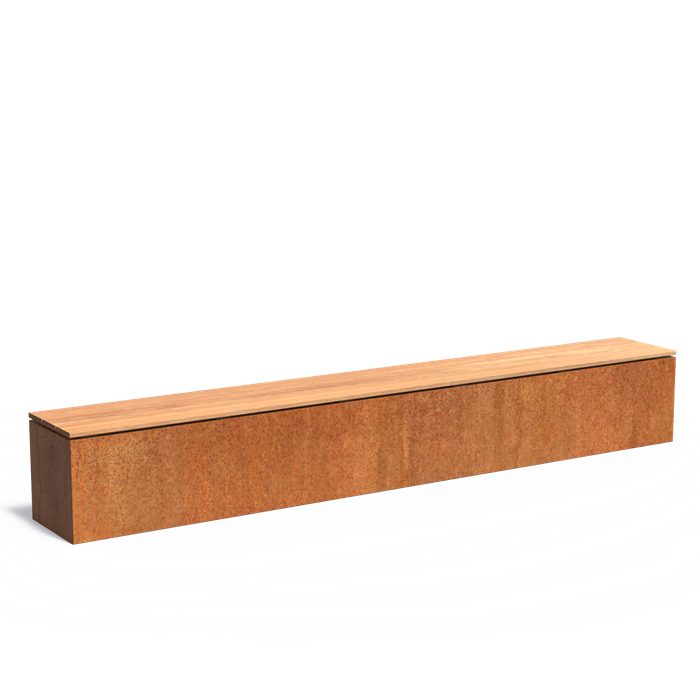 Cortenstahl Sockel mit Hartholz-Sitzfläche | 300 x 40 x 43 cm