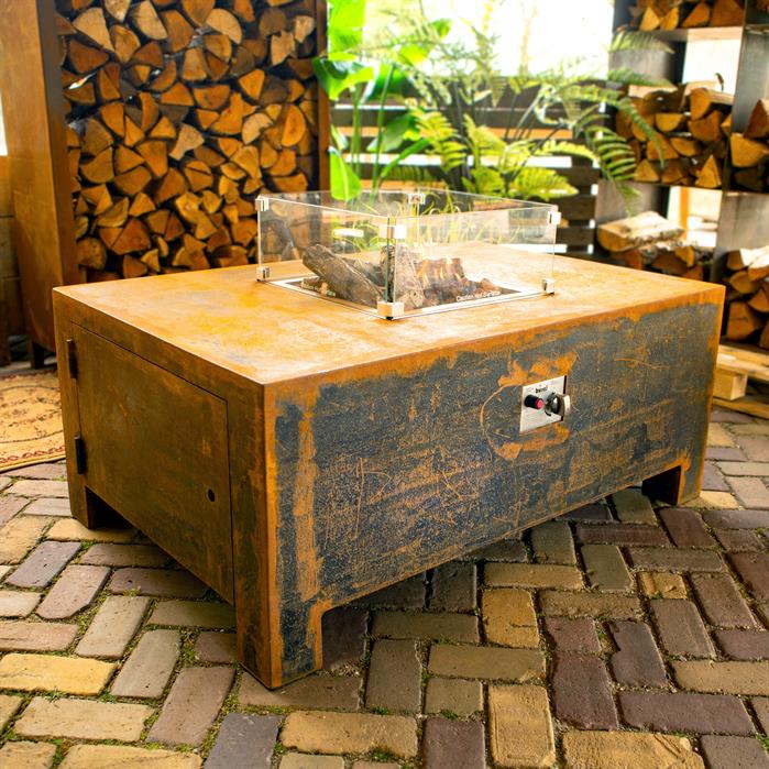 Design-Feuertisch BRANN aus Cortenstahl | 120 x 80 x 50 cm