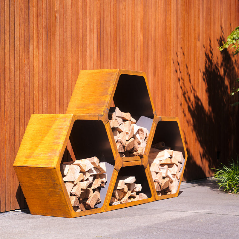 Cortenstahl modulares Holzlager HEX | 91,5 × 40 × 40 cm